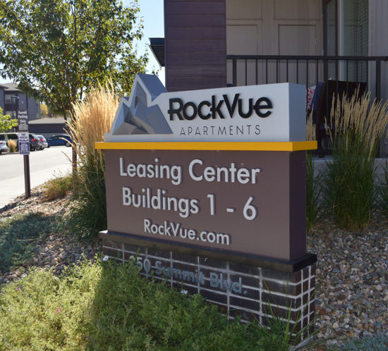 Rockvue Apartments leasing directional monument sign