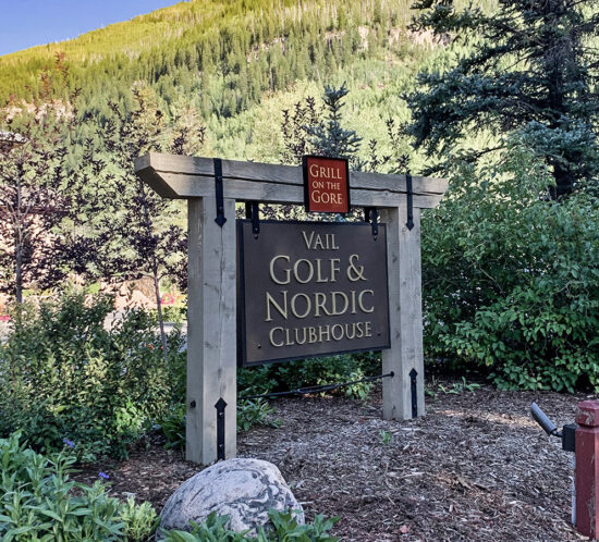 Vail Golf and Nordic Clubhouse monument sign with cedar wood beams