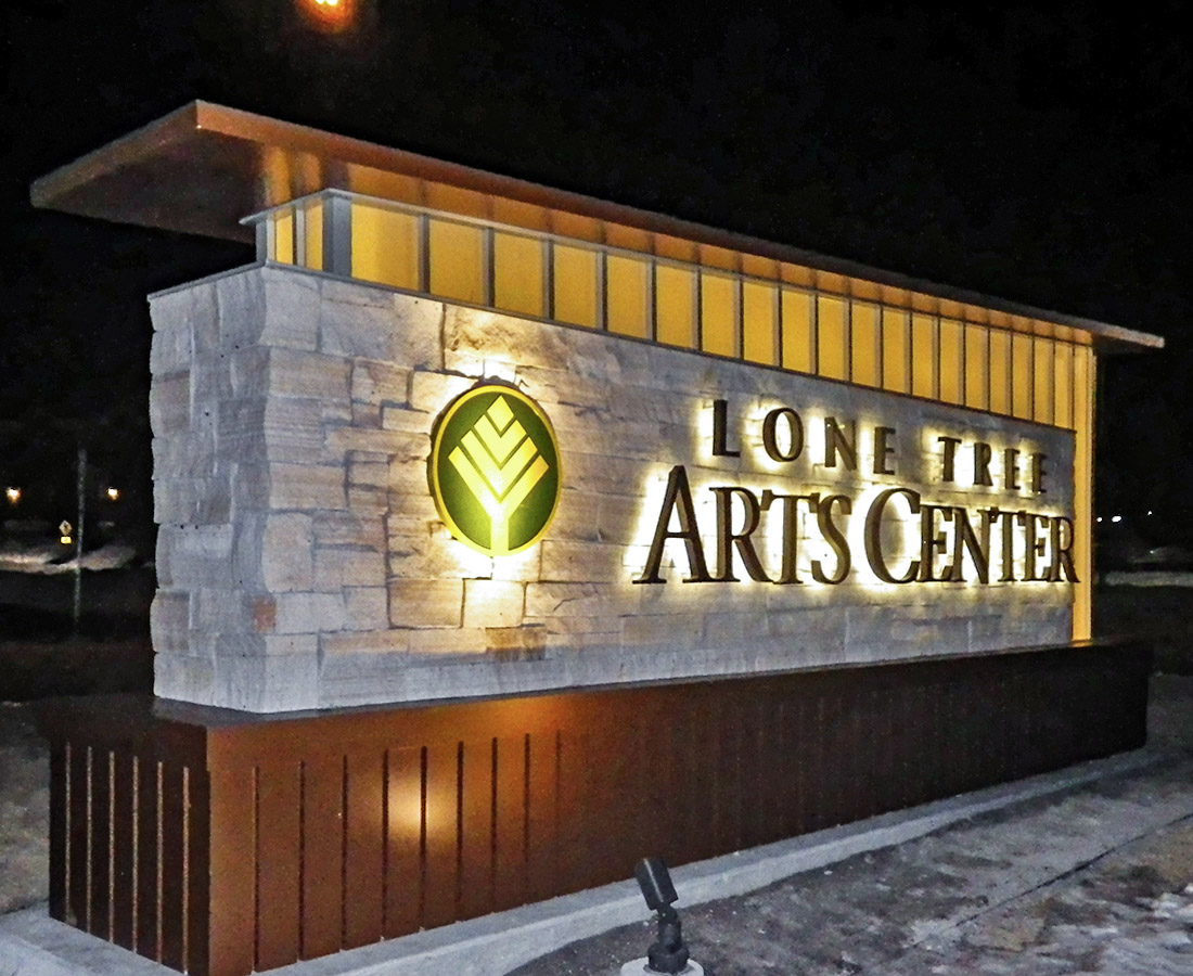 Lone Tree Arts Center monument sign night time