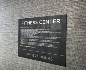 Interior fitness center sign at Alliance Residential Montane