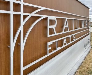 Railway Flats large monument sign close up